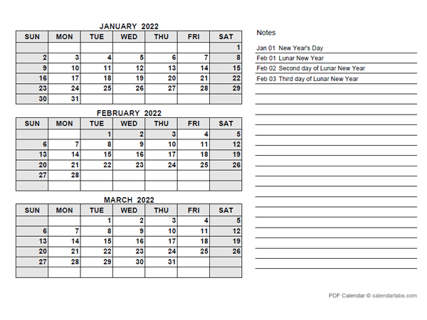 2022 Hong Kong Quarterly Calendar with Holidays