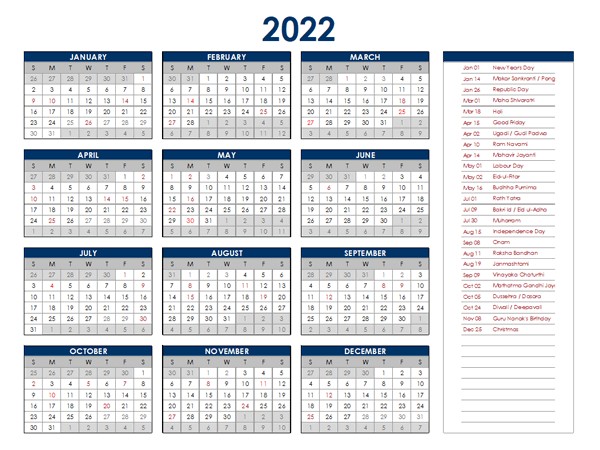 2022 India Annual Calendar with Holidays