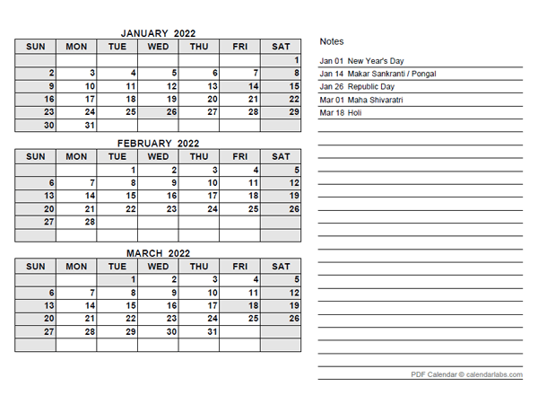 2022 India Quarterly Calendar with Holidays