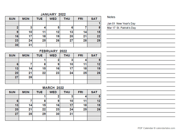 2022 Ireland Quarterly Calendar with Holidays