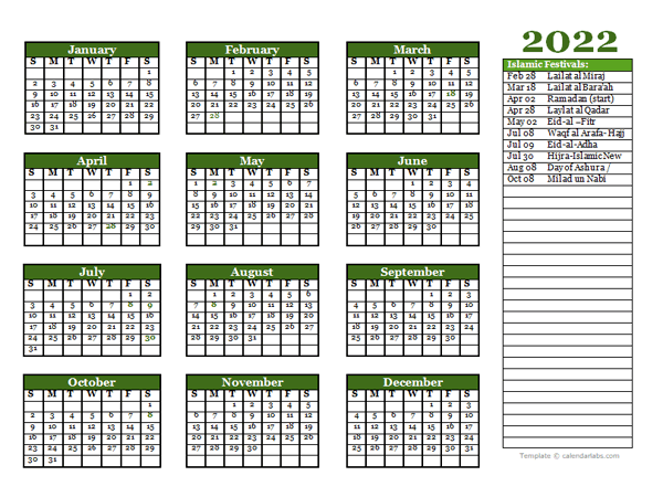 2022 Islamic Festivals Calendar Template