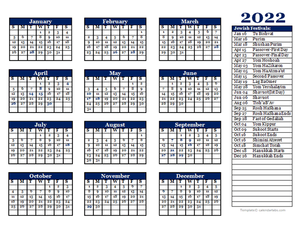 2022 Jewish Festivals Calendar Template