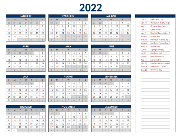 2022 Malaysia Annual Calendar with Holidays