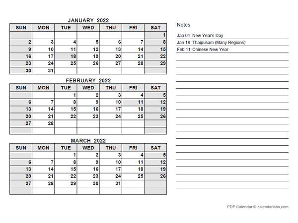 2022 Malaysia Quarterly Calendar with Holidays