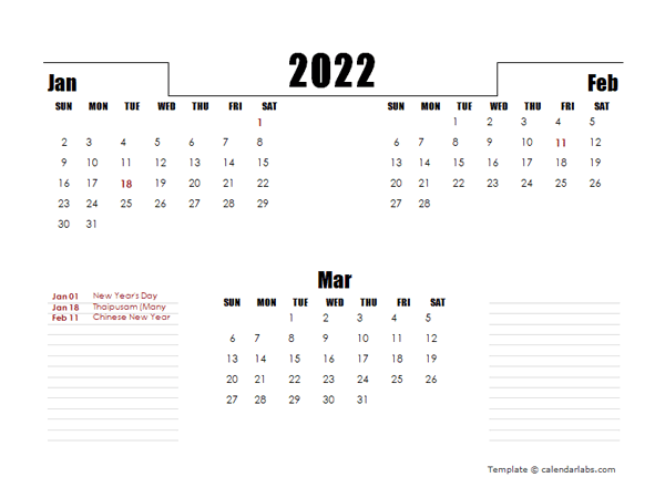 2022 Malaysia Quarterly Planner Template