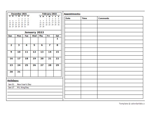 2022 Monthly Appointment Calendar Template