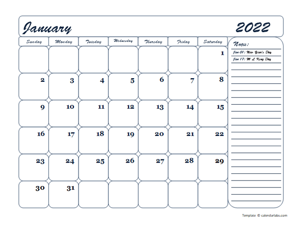 2022 Monthly Blank Calendar Template