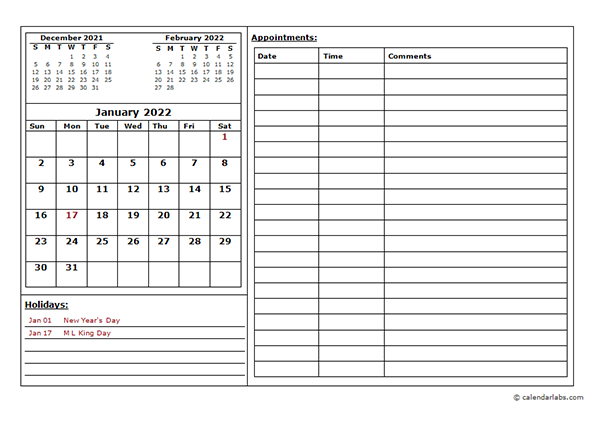 2022 Monthly Appointment Calendar