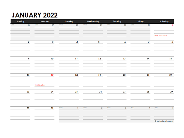 Editable 2022 Monthly Calendar Excel Template