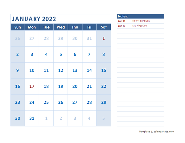 2022 Monthly Calendar Template Landscape