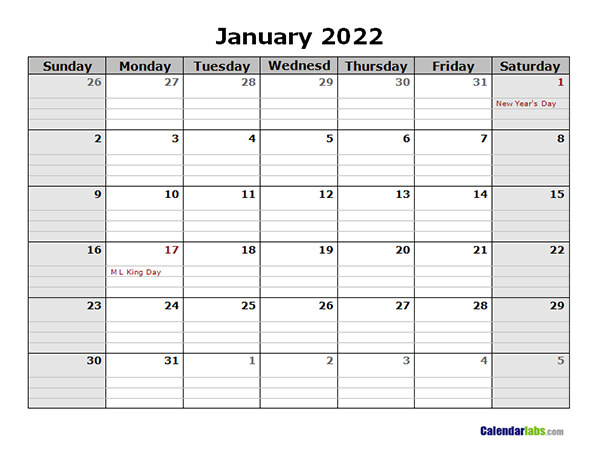 2022 Monthly Calendar with Daily Notes