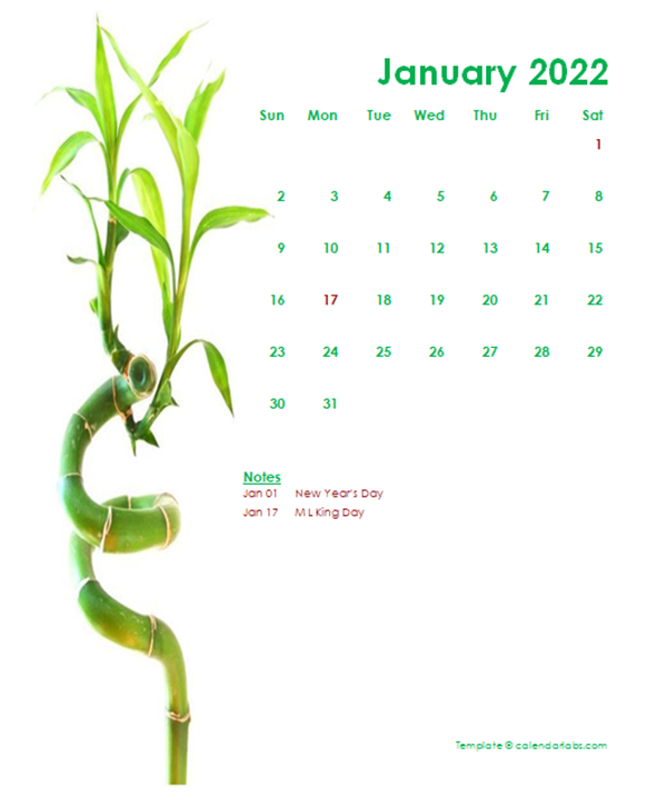 2022 Monthly Calendar Template Green Design