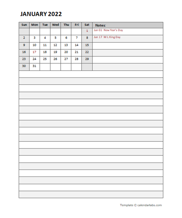 2022 Monthly Calendar Template Portrait