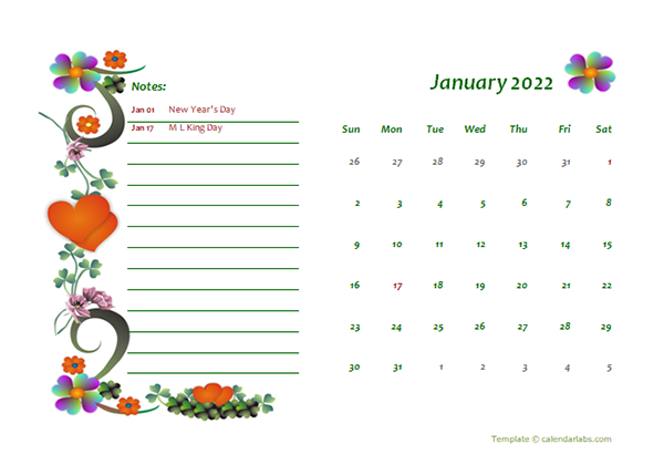 2022 Monthly Calendar Template Design