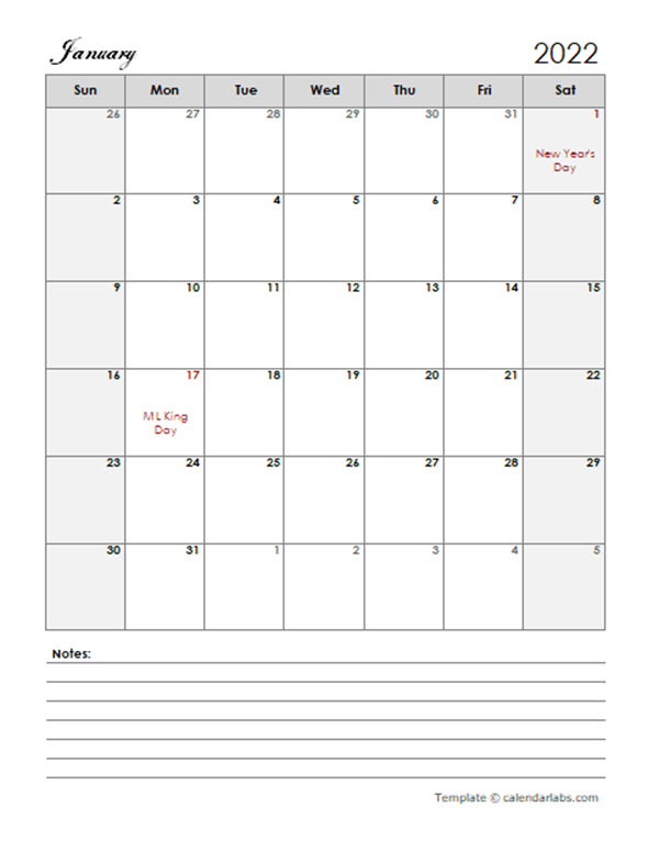 2022 Calendar Template Large Boxes