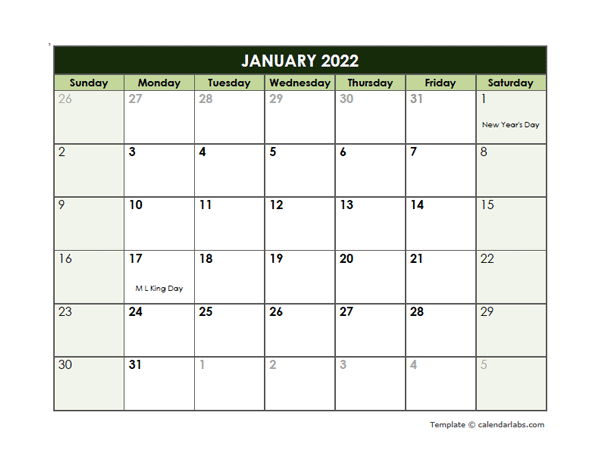 2022 Monthly Google Docs Calendar Template