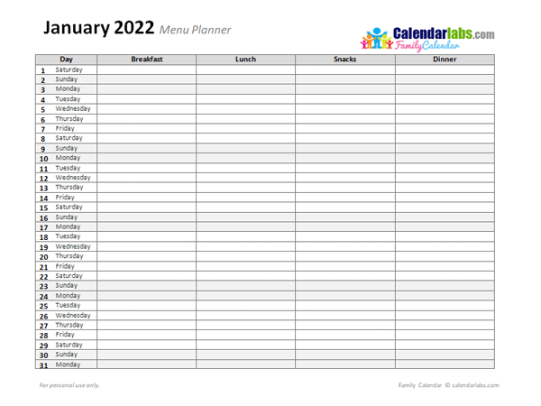 2022 Monthly Menu Planner