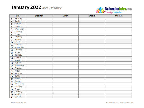 2022 monthly menu planner free printable templates