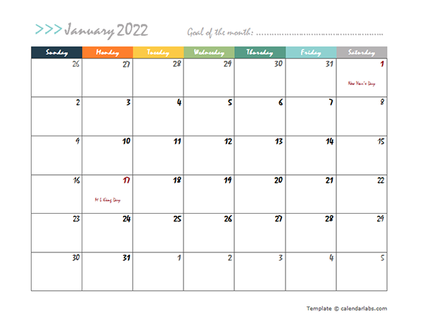2022 Monthly Pages Calendar Template