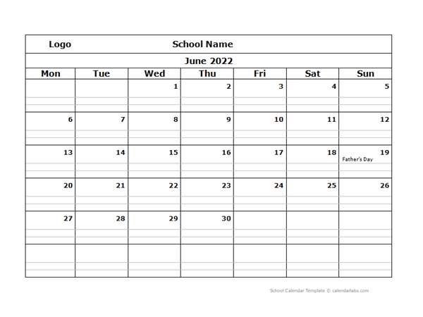 2022 Monthly School Mon Jun-Sep Calendar