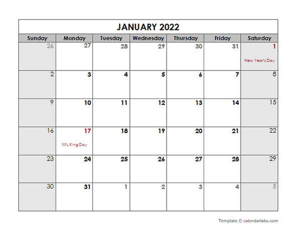 2022 Monthly Calendar With US Holidays