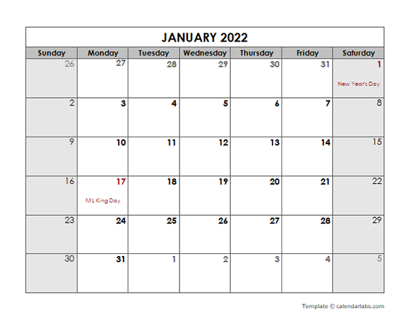 2022 Monthly Calendar with US Holidays