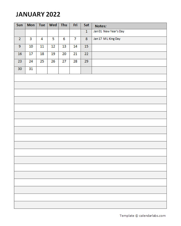 2022 Monthly Word Calendar Diary Template