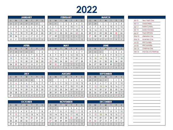 2022 Netherlands Annual Calendar with Holidays