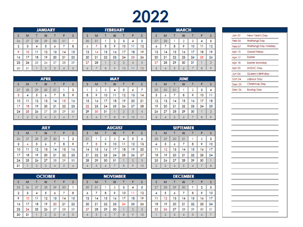 2022 New Zealand Annual Calendar with Holidays