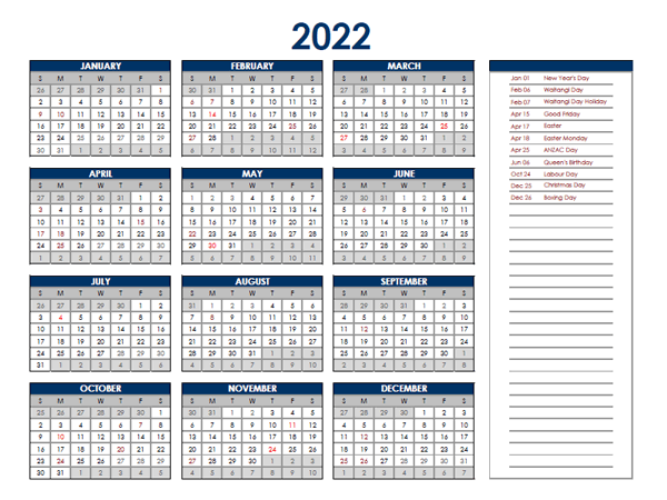 2022 New Zealand Annual Calendar With Holidays Free Printable Templates