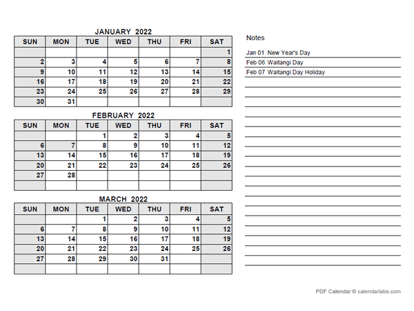 2022 New Zealand Quarterly Calendar with Holidays