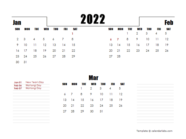 2022 New Zealand Quarterly Planner Template