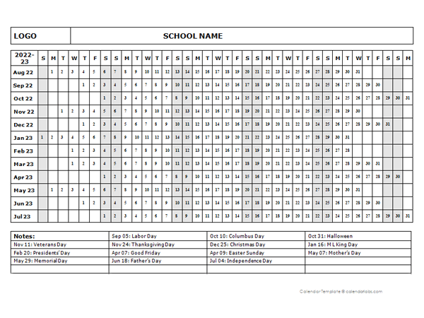 2022 One Page School Calendar Aug