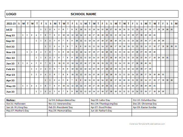 2022 One Page School Calendar Jul