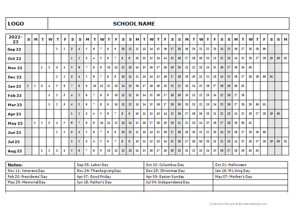 2022 One Page School Calendar Sep