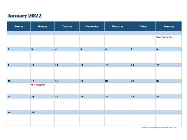 2022 OneNote Calendar Template