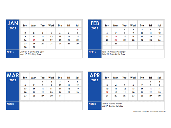 2022 OneNote Calendar With Holidays