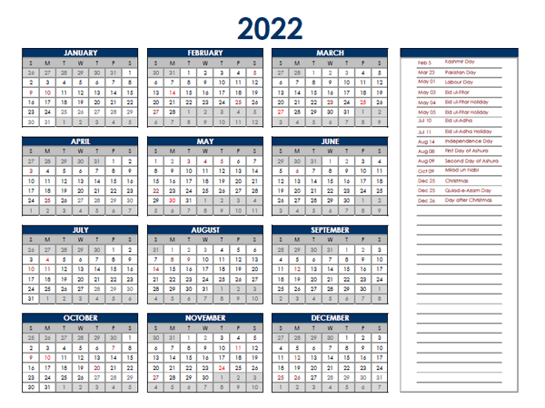 2022 Pakistan Annual Calendar with Holidays