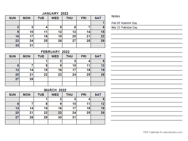 2022 Pakistan Quarterly Calendar with Holidays