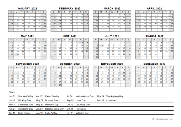 2022 pdf yearly calendar with holidays free printable