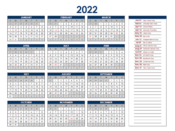 2022 Philippines Annual Calendar with Holidays