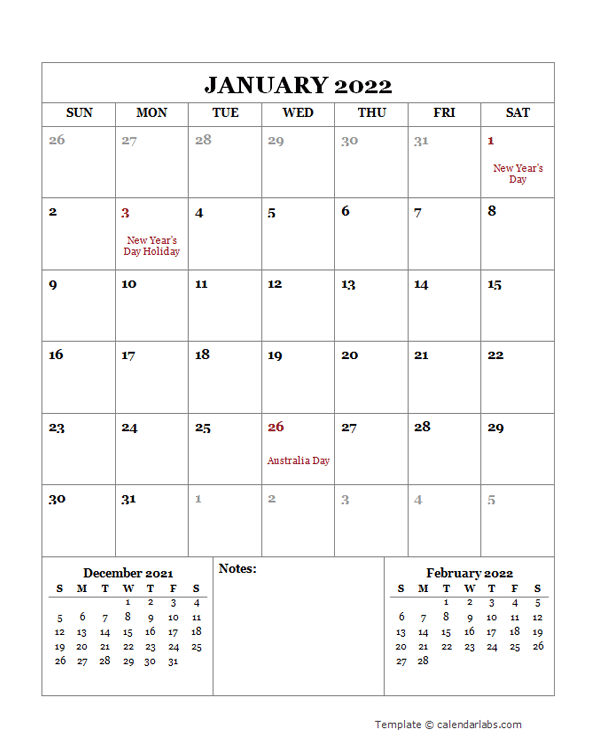 2022 Printable Calendar with Australia Holidays  