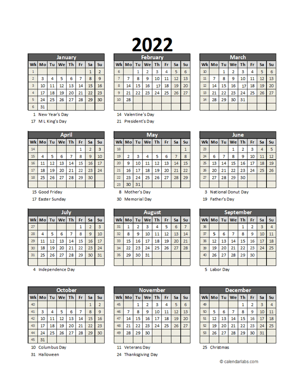 2022 Printable Calendar With Holidays