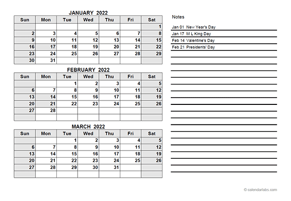 2022 Printable Calendar With Notes