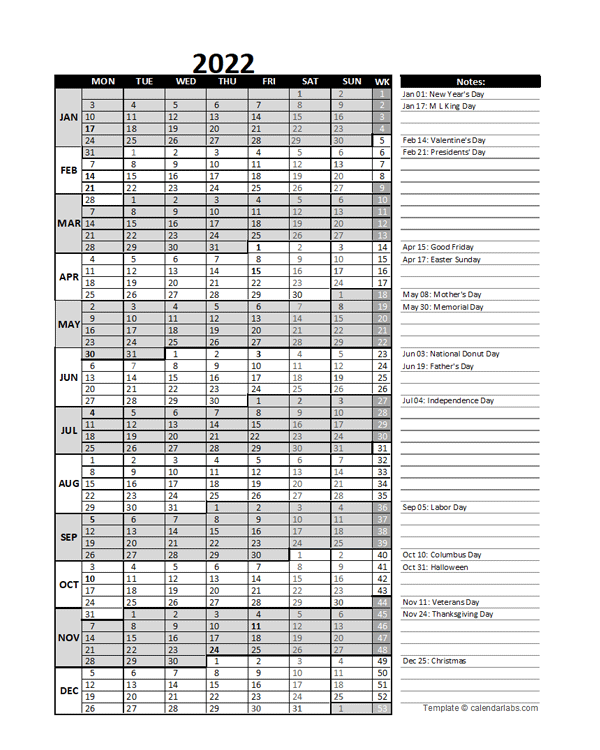 2022 Business Project Planning Calendar With Week Number