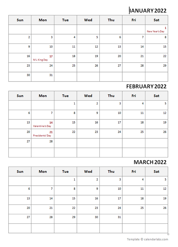 2022 Three Month Calendar Template Free Printable Templates