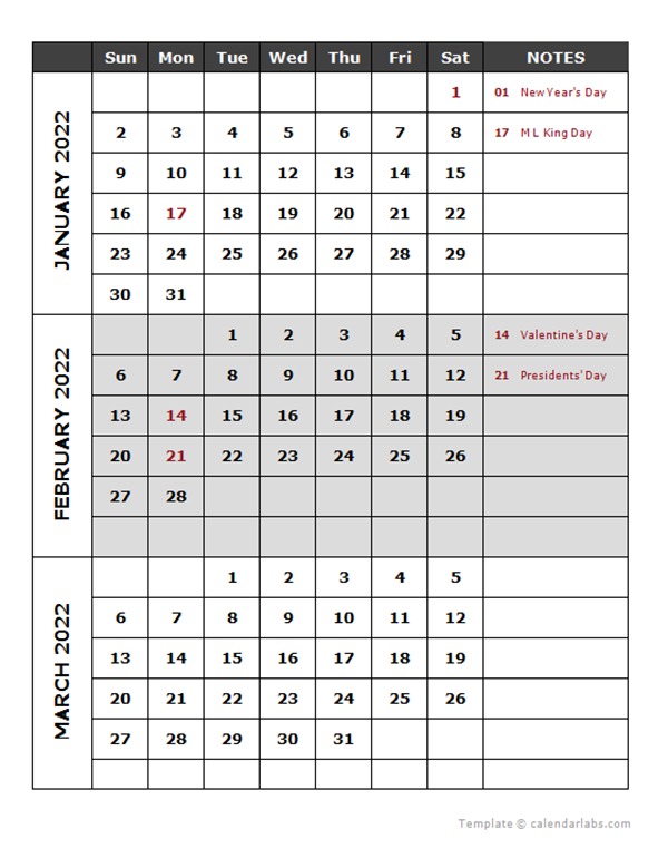 2022 Quarterly Calendar Template