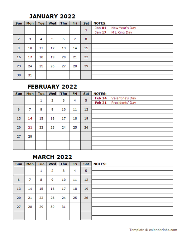 2022 quarterly calendar with holidays free printable templates