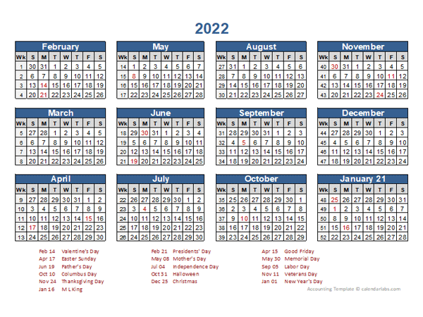 2022 Retail Accounting Calendar 4-4-5