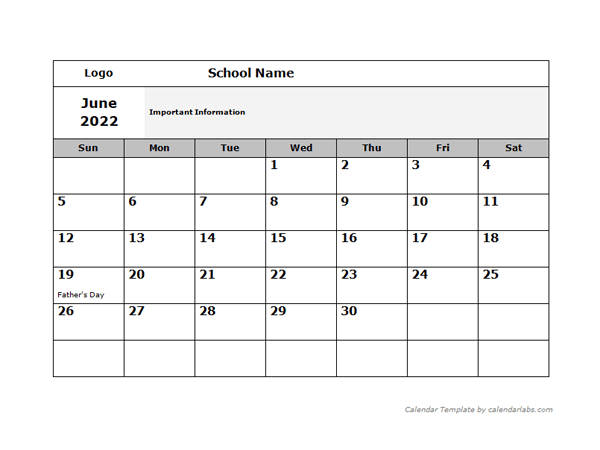 2022 School Monthly Jun-Sep Calendar